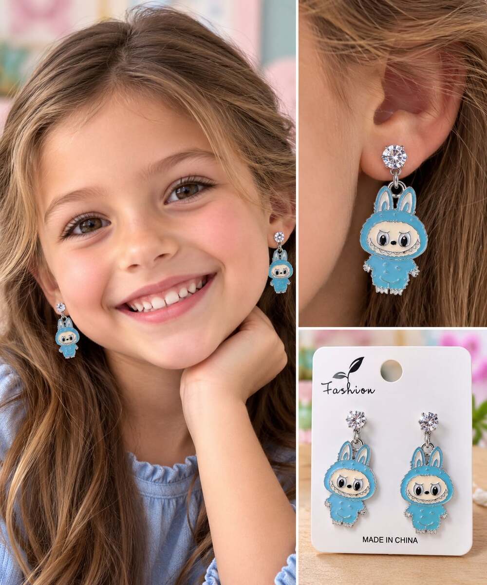Labubu Monster Enamel Dangle Earrings Blue